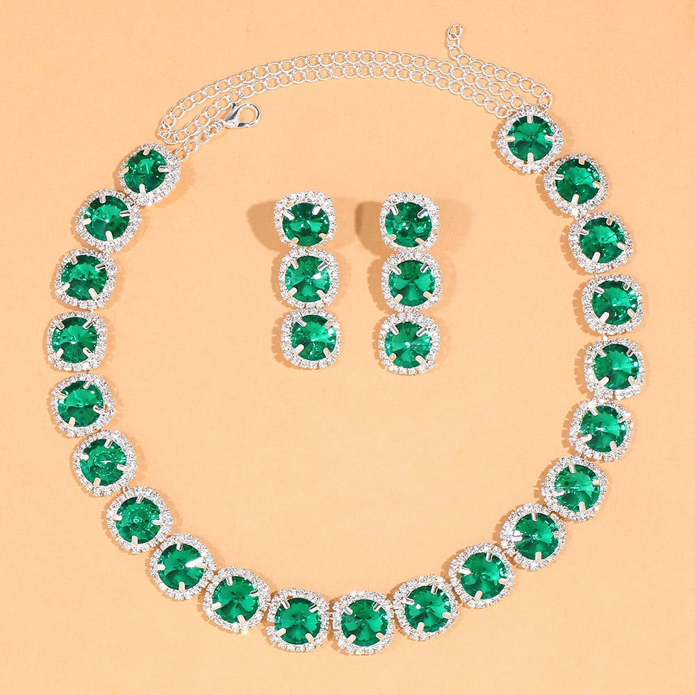 Green Crystal Jewelry Set Necklace Earrings Rhinestone Party Jewelry Sets