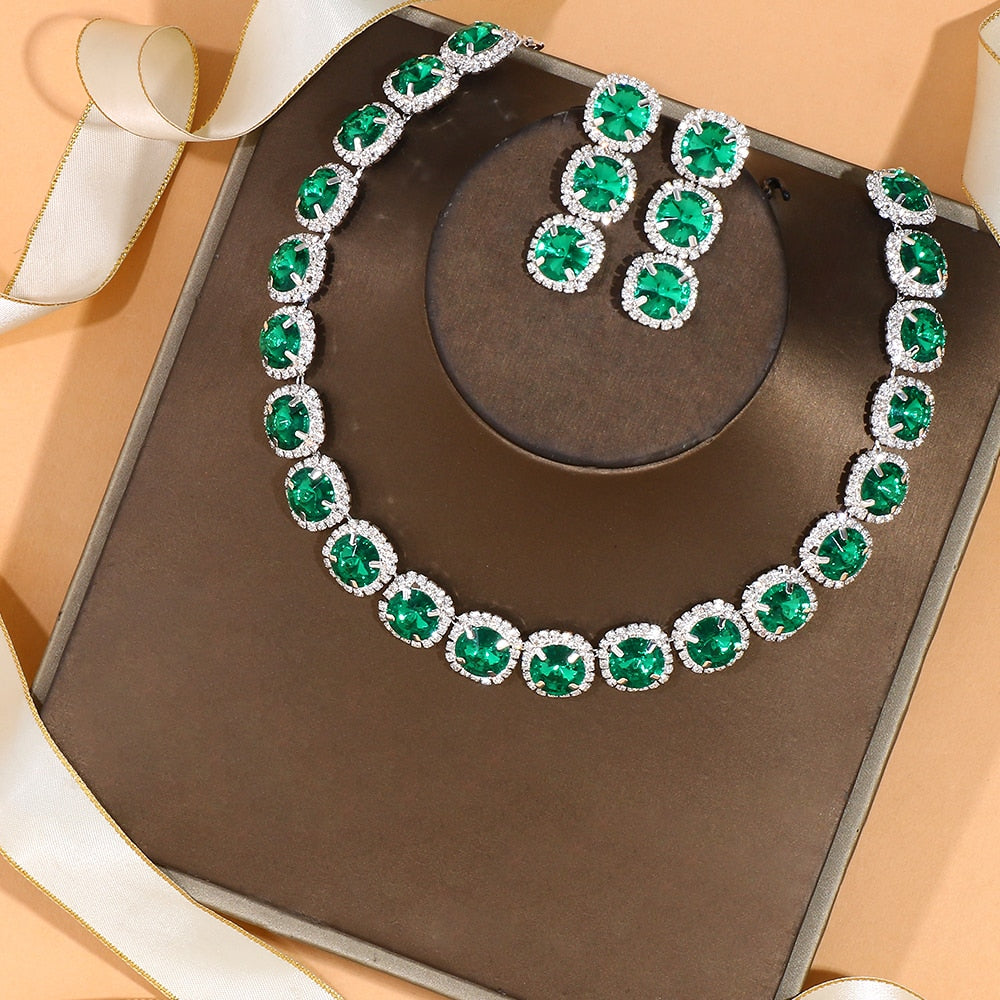 Green Crystal Jewelry Set Necklace Earrings Rhinestone Party Jewelry Sets