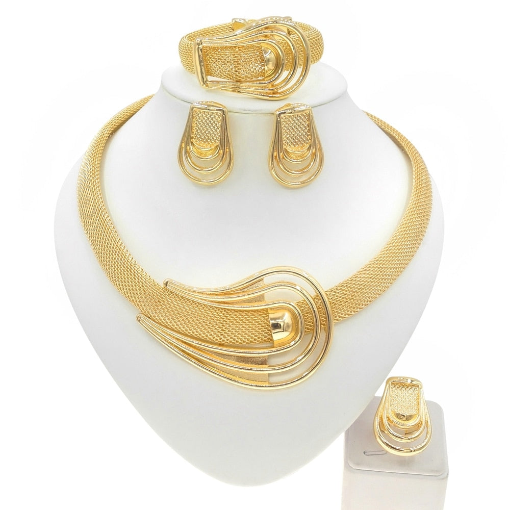Woman Necklace Jewelry Set Italian Gold Plated Delicate Pendant Banquet Party Accessories Earrings Bracelet Ring SYHOL