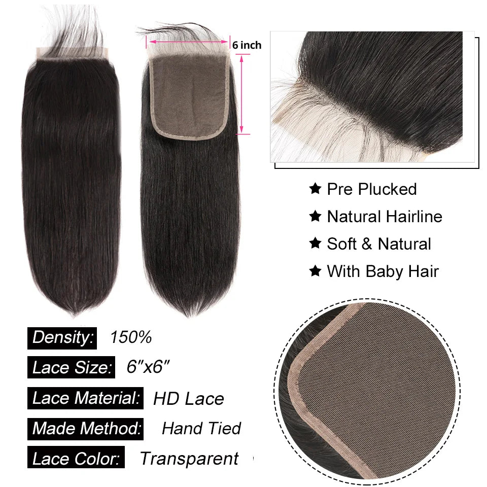 Straight Brazilian Human Hair Bundles With 6x6 Closure Hair Weave 3 Bundles with Transparent Lace Closure