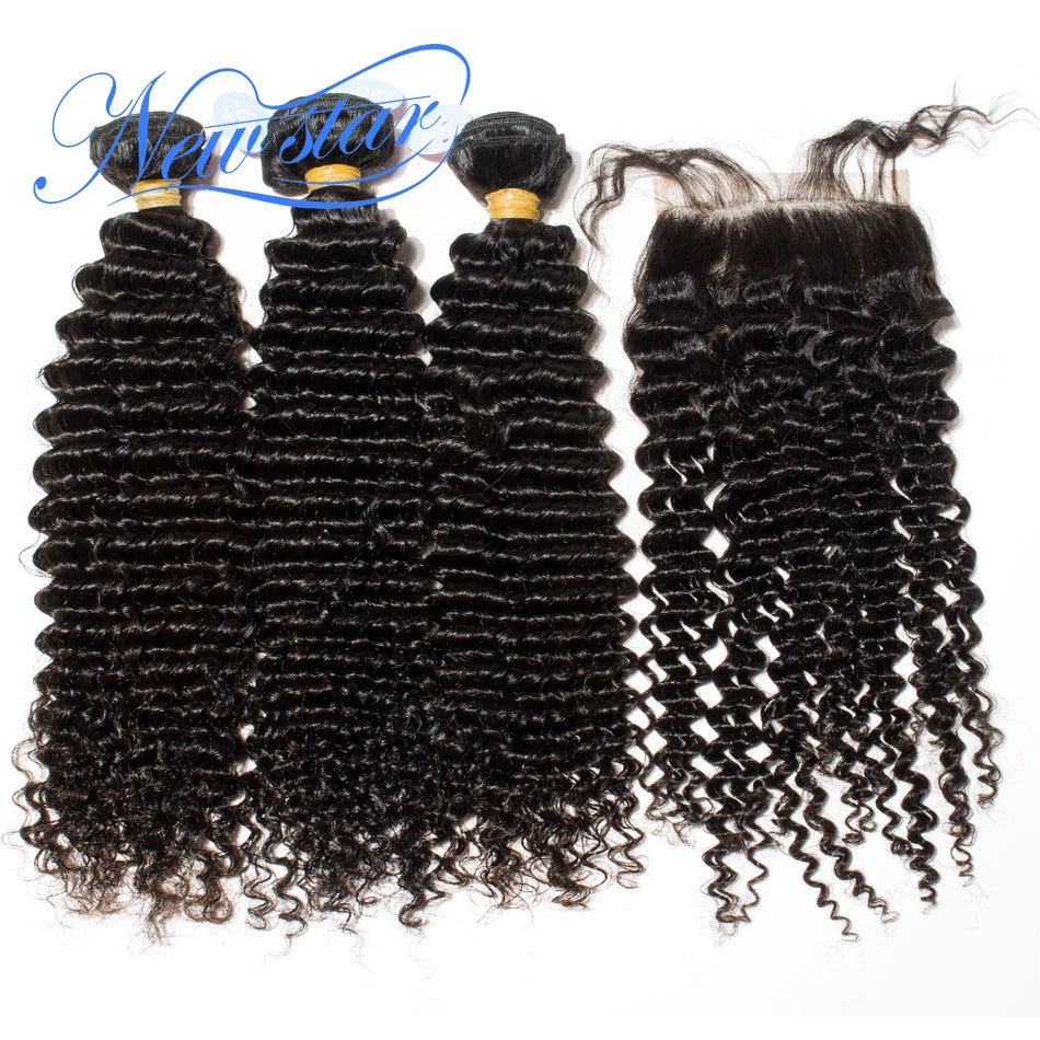 100% Brazilian Curly Virgin Human Hair Weaving 3 Bundles Extension With A 4x4 Lace Closure Weave And Closure Deal