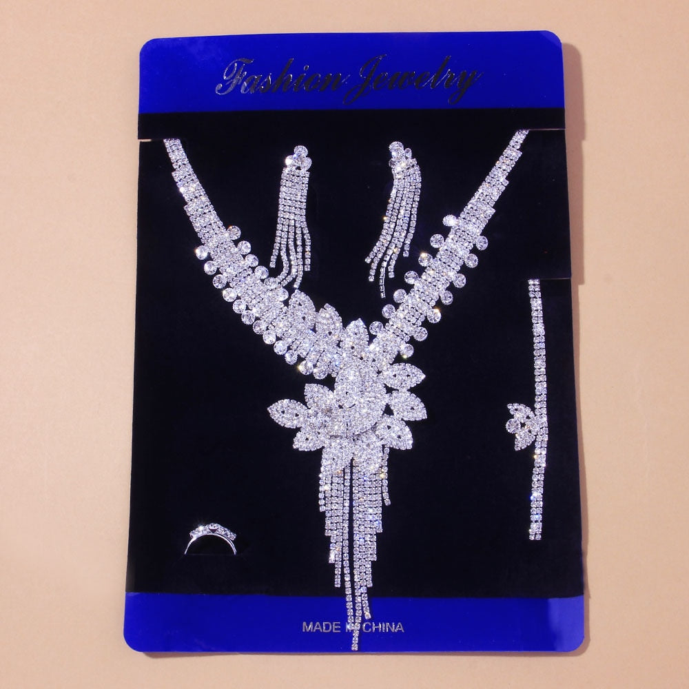 Luxury Flowers Rhinestone Jewelry Sets for Women Accessories Necklace Bracelet Earring Ring Set Gift