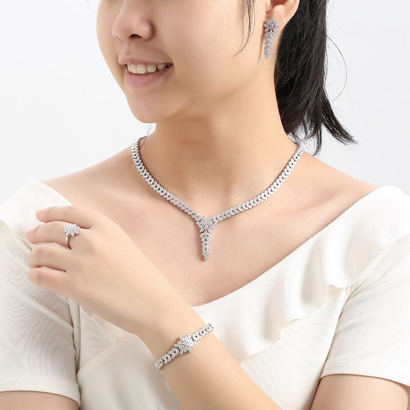 Trendy Women Wedding Fashion Party Necklace Earrings Ring And Bracelet Set Zircon