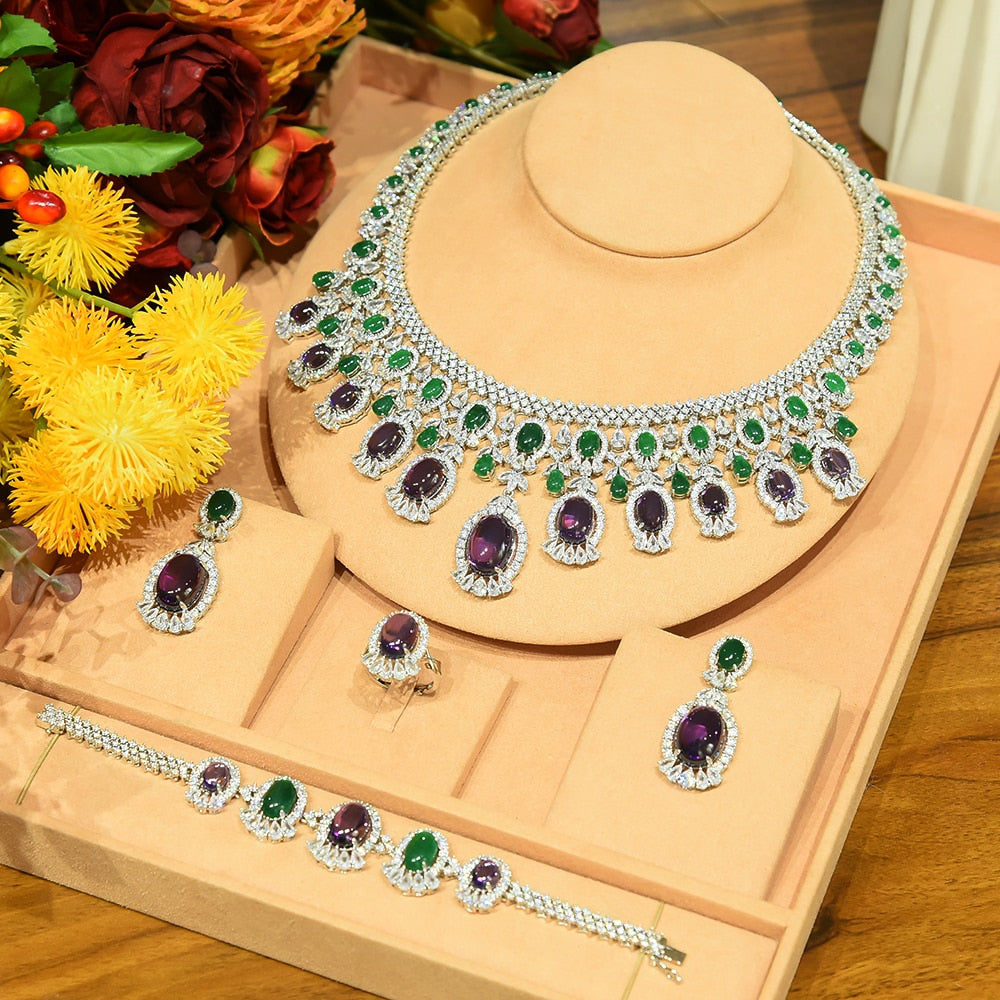 4PCS Luxury Green purple Mixed Big Statement Jewelry African Dubai Bridal Jewelry
