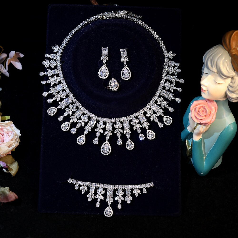 4 Pcs Luxury Bridal Jewelry Set Cubic Zirconia Necklace Earrings Ring Bracelet