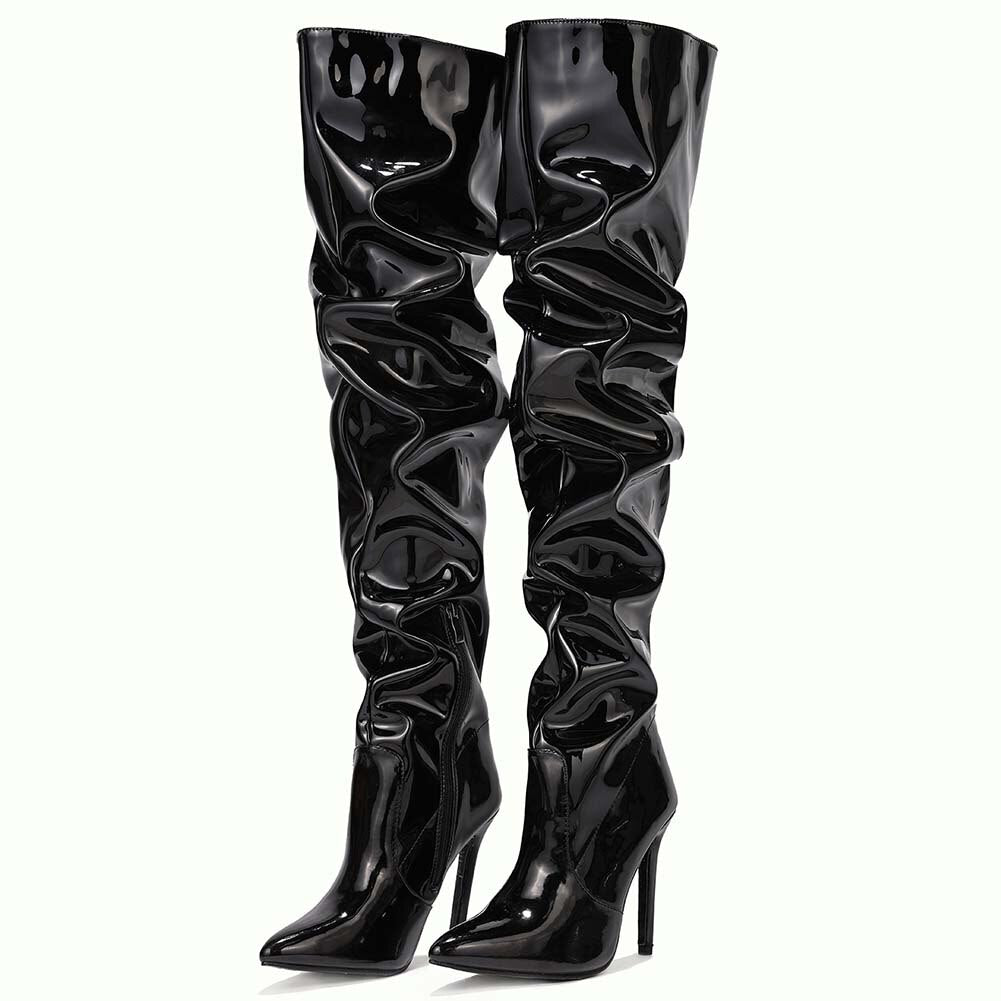 DoraTasia 2022 New Shoes Mature Black Women Over The Knee Boots Pleated Pu Patent Leather Thin High Heels Female Thigh Boots