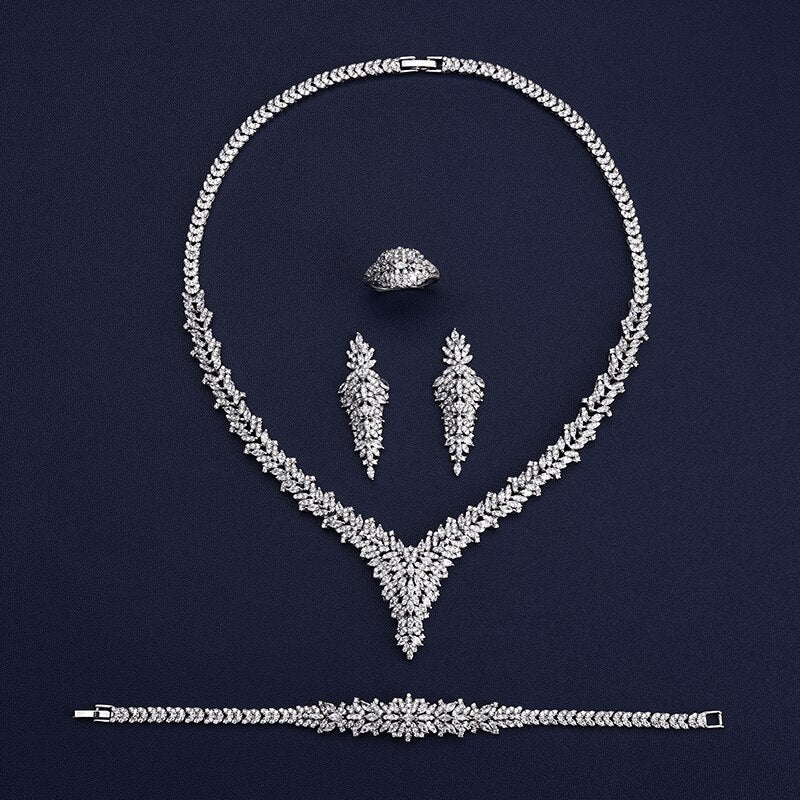 Trendy Elegant Luxury Wedding Bridal Necklace Earrings Ring And Bracelet Jewelry