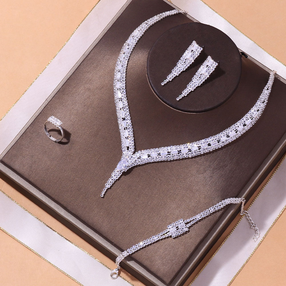 Silver Color Geometric Rhinestone Hollow Zircon Necklace Earring Bracelet Ring Set Gift