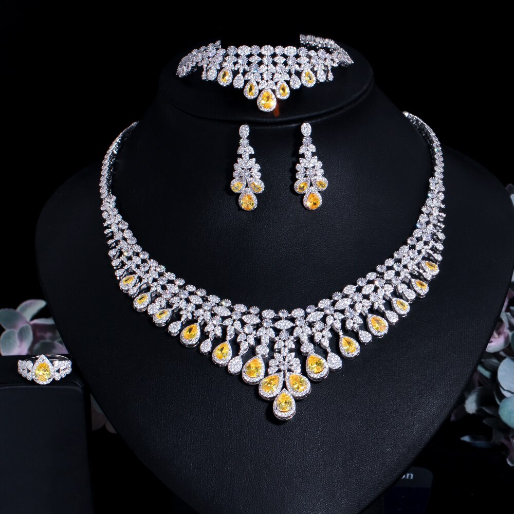 4pcs Yellow Cubic Zirconia Fringe Dangle Drop Large Necklace Luxurious Wedding Bridal