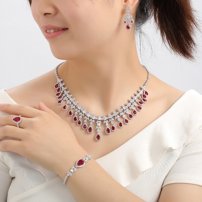 Magnificent Zirconia Women Wedding Bridal Necklace Earrings Ring And Bracelet Set