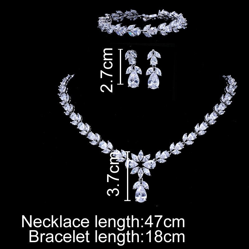"Experience the pinnacle of luxury with our Zircon Bridal Wedding Jewelry Set, a complete ensemble of Zirconia Necklace, Earrings, and Bracelet for your exclusive parties."