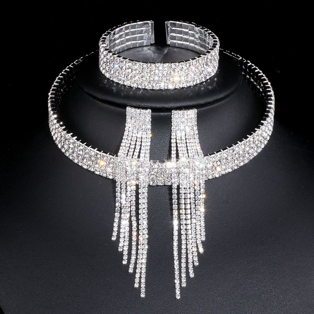 Classic Elegant Tassel Crystal Bridal Jewelry Sets African Rhinestone Wedding Necklace Earrings Bracelet Sets WX081