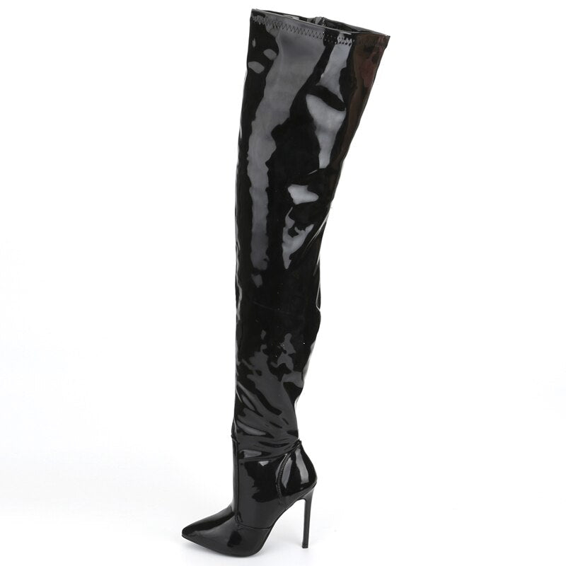 Thigh High Boots with Stiletto Heels Plus Size 5-15 Black Lacquered Patent Long Boots with Full Zipper