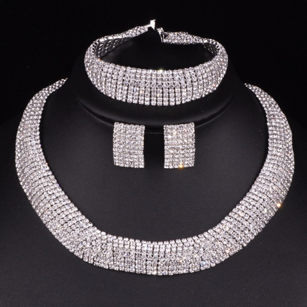 3Pcs/Set Luxury Wedding Jewelry Sets Silver Color Crystal Round Necklace