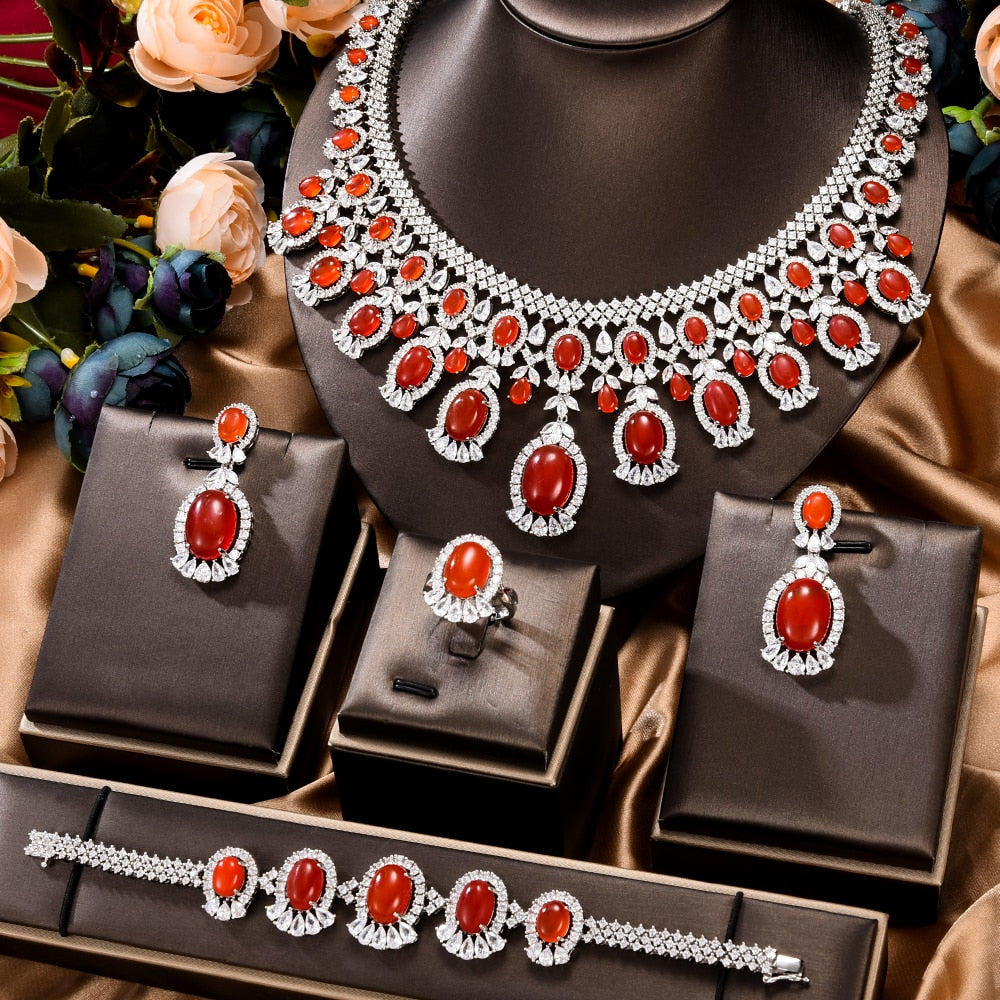 Luxury Dubai Bridal Pink Green purple Zirconia Diamond Necklace Earrrings  Gold plated 4 pcs Jewelry Sets For Women Wedding