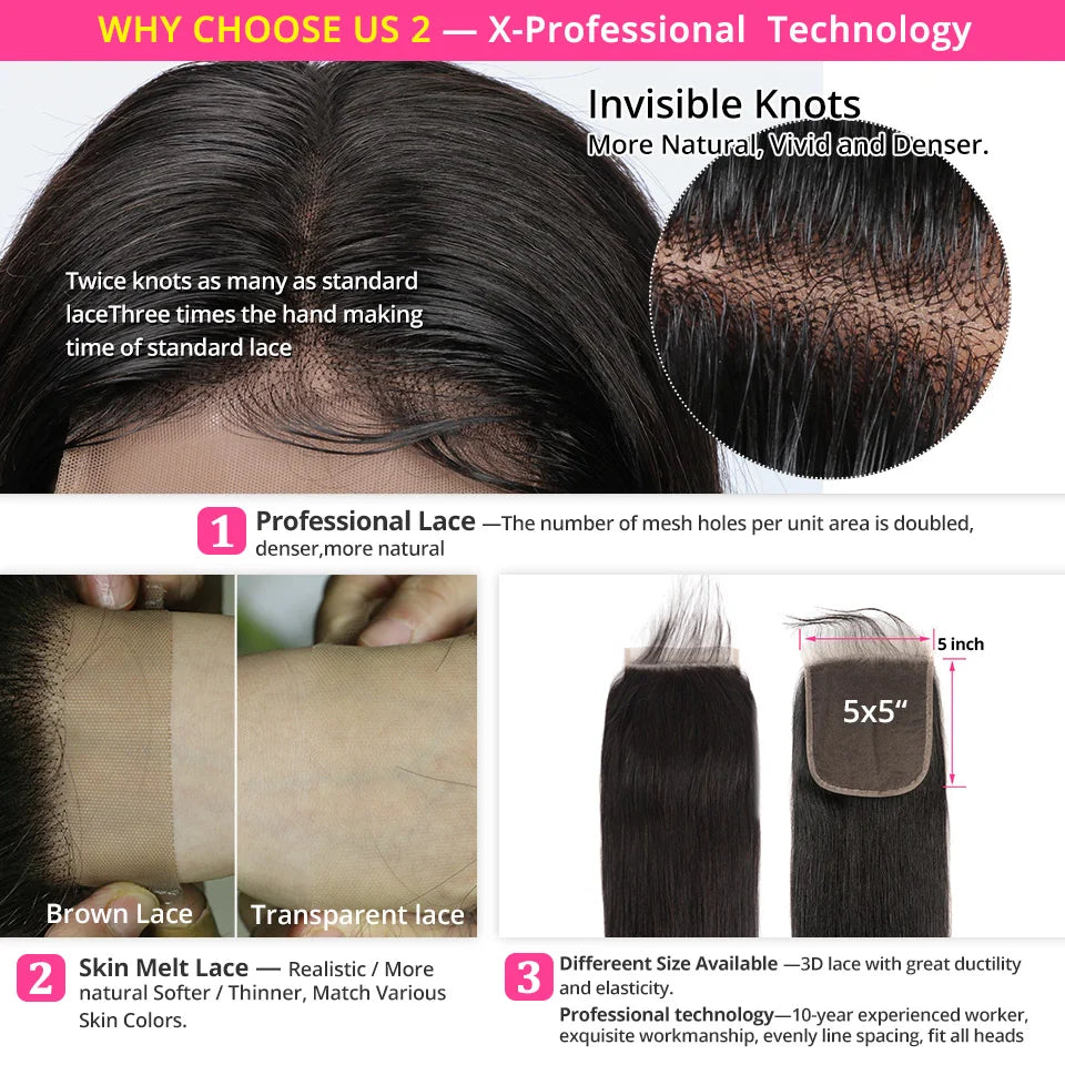 Straight Brazilian Human Hair 3 Bundles With 5x5 Closure Free Part Hair Weave 3 Bundles Ali Pearl Hair Extension