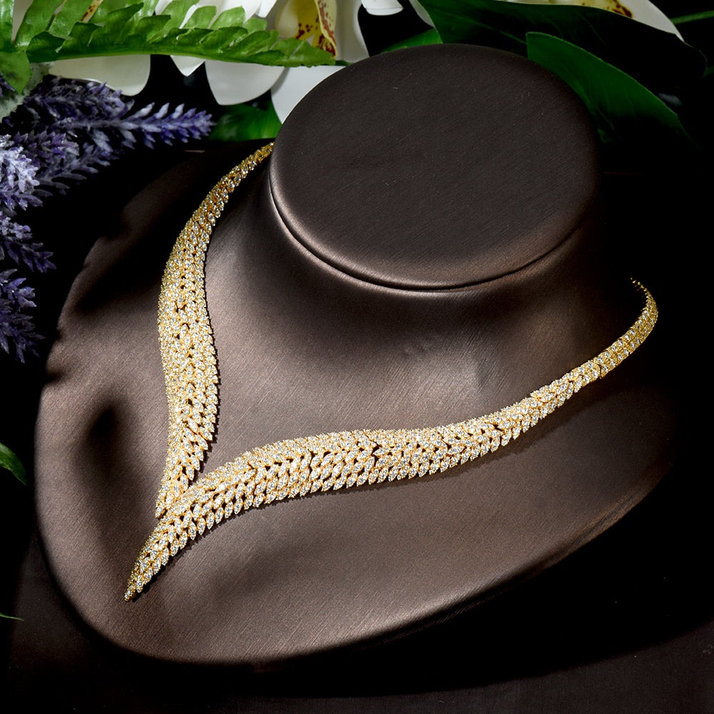 Nigeria Wedding Necklace Earring Set Gold Cubic Zirconia Women Party Jewelry
