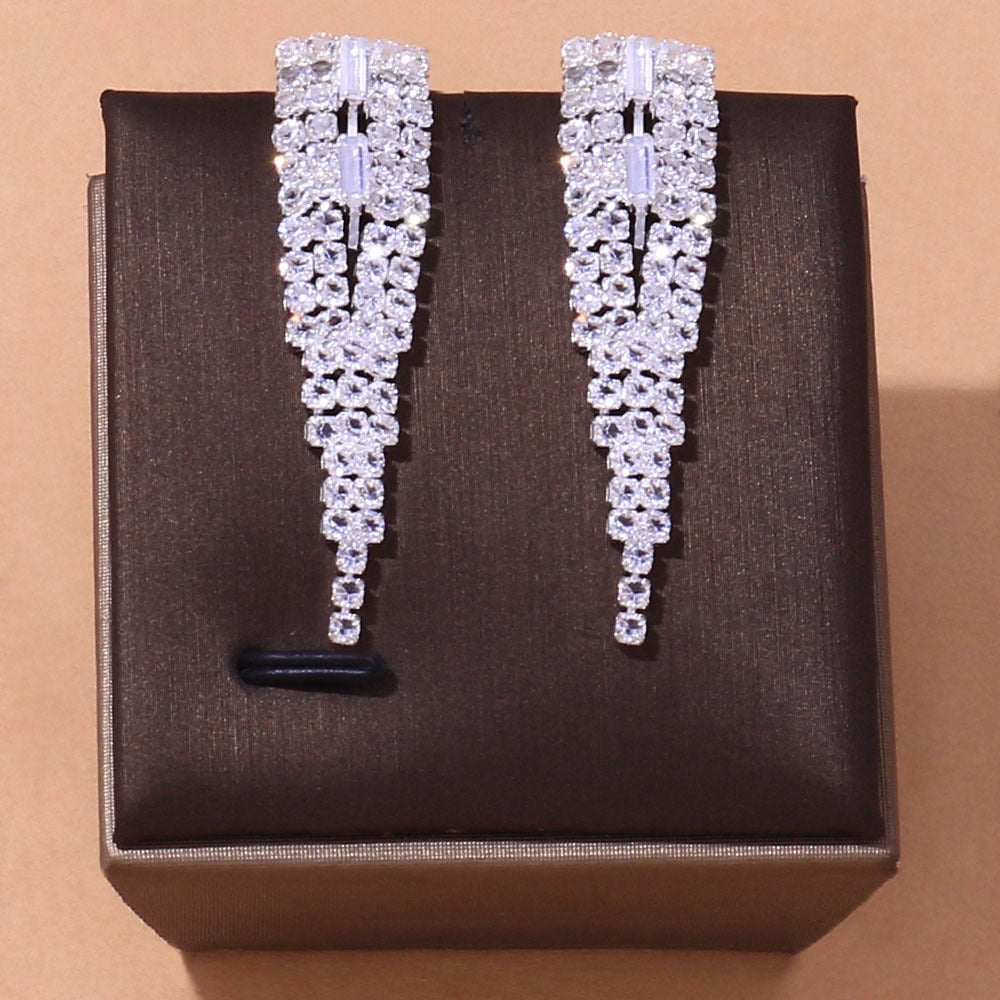 Silver Color Geometric Rhinestone Hollow Zircon Necklace Earring Bracelet Ring Set Gift