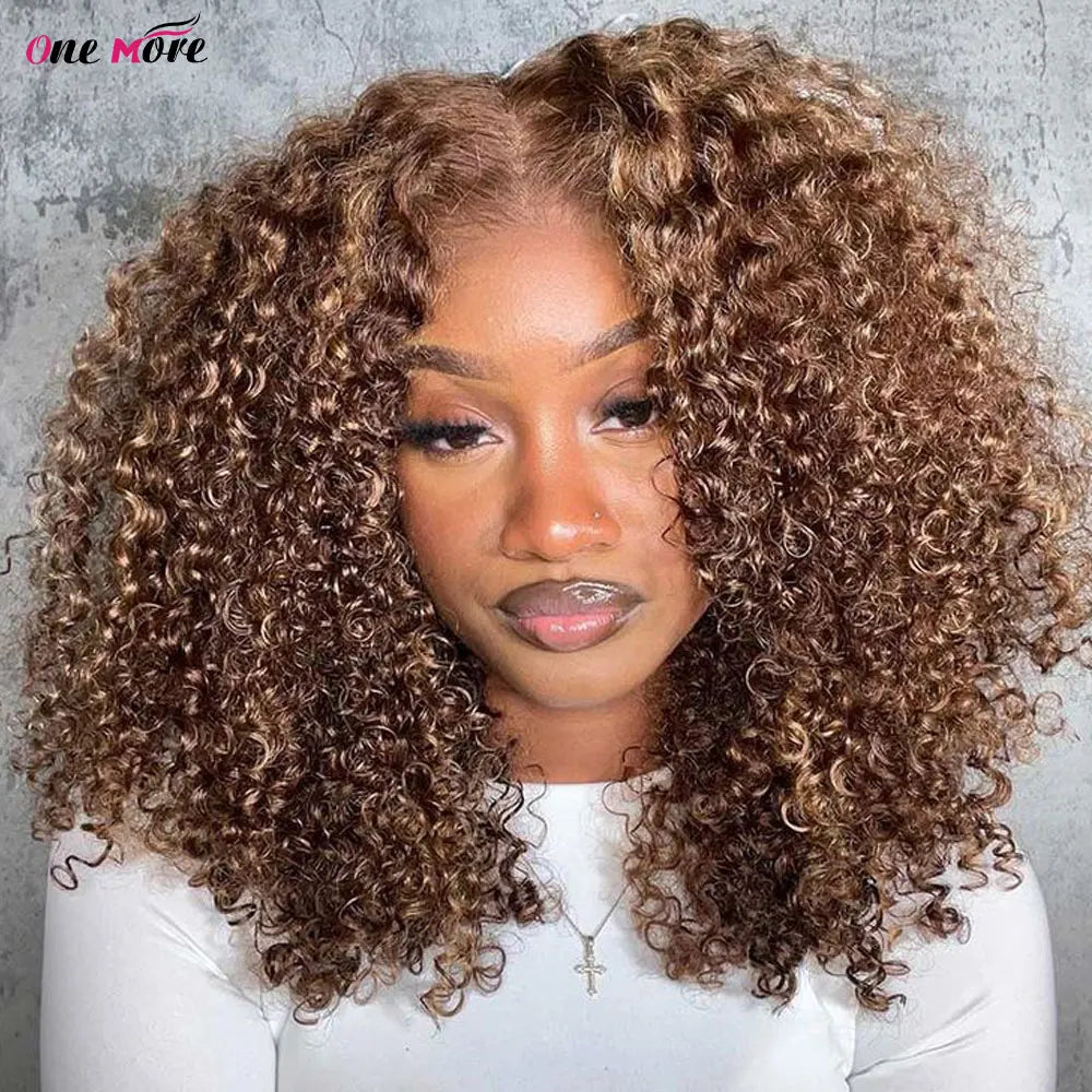 Short Bob Human Hair Kinky Curly Bob Lace Front Wig Highlight 13x4 Ombre Lace Front 4x4 Closure Wig 180%