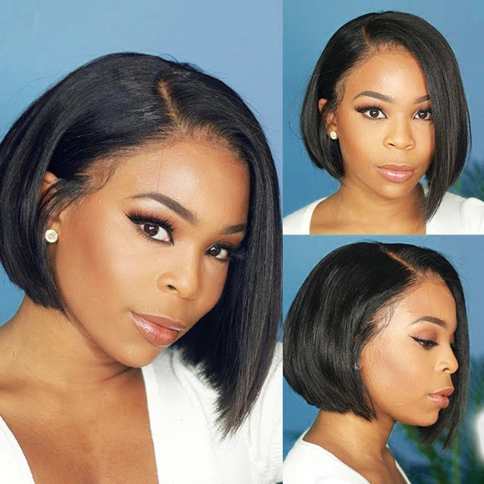 Glueless Straight Bob 12Inch Brazilian Side Part Lace Wigs Human Hair Short Wig Pre Plucked