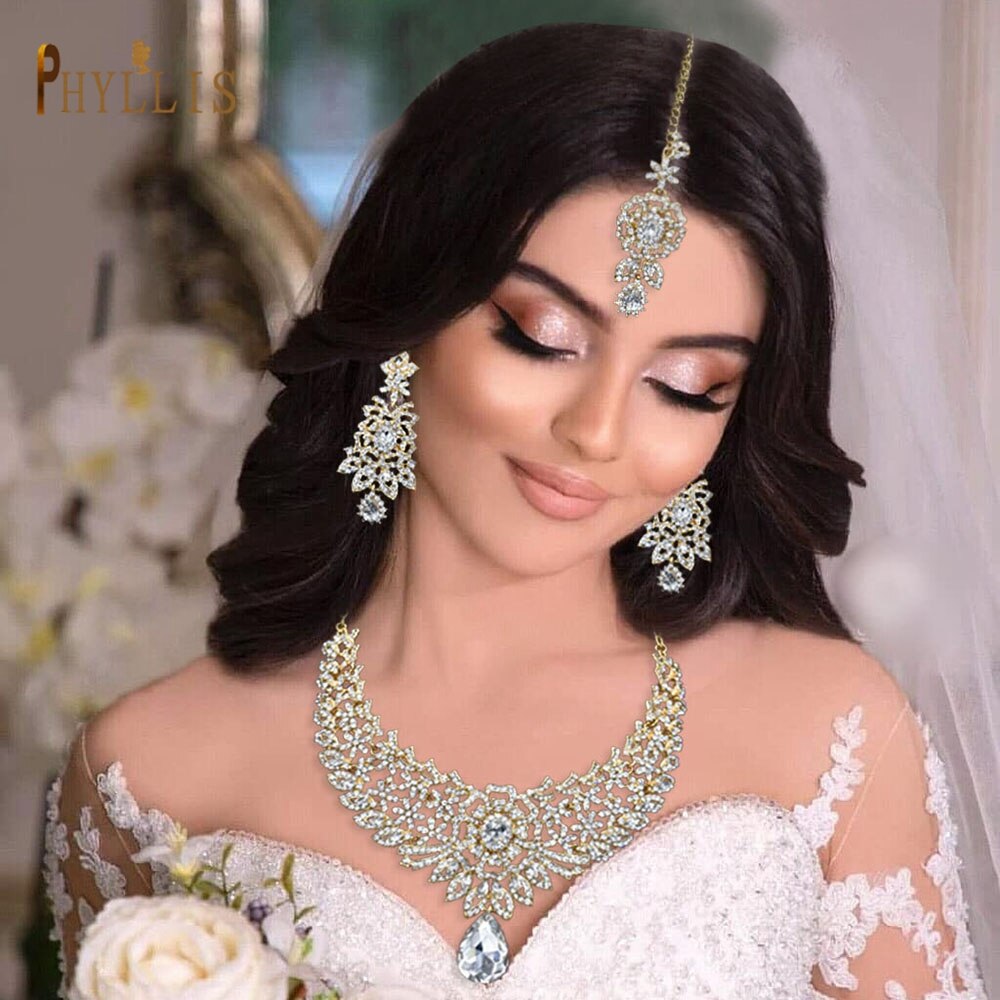 C30 Wedding Forehead Chain Necklace Earrings Set Dubai Jewelery Set Gifts for Women Indian African Bridal Hair Accessories