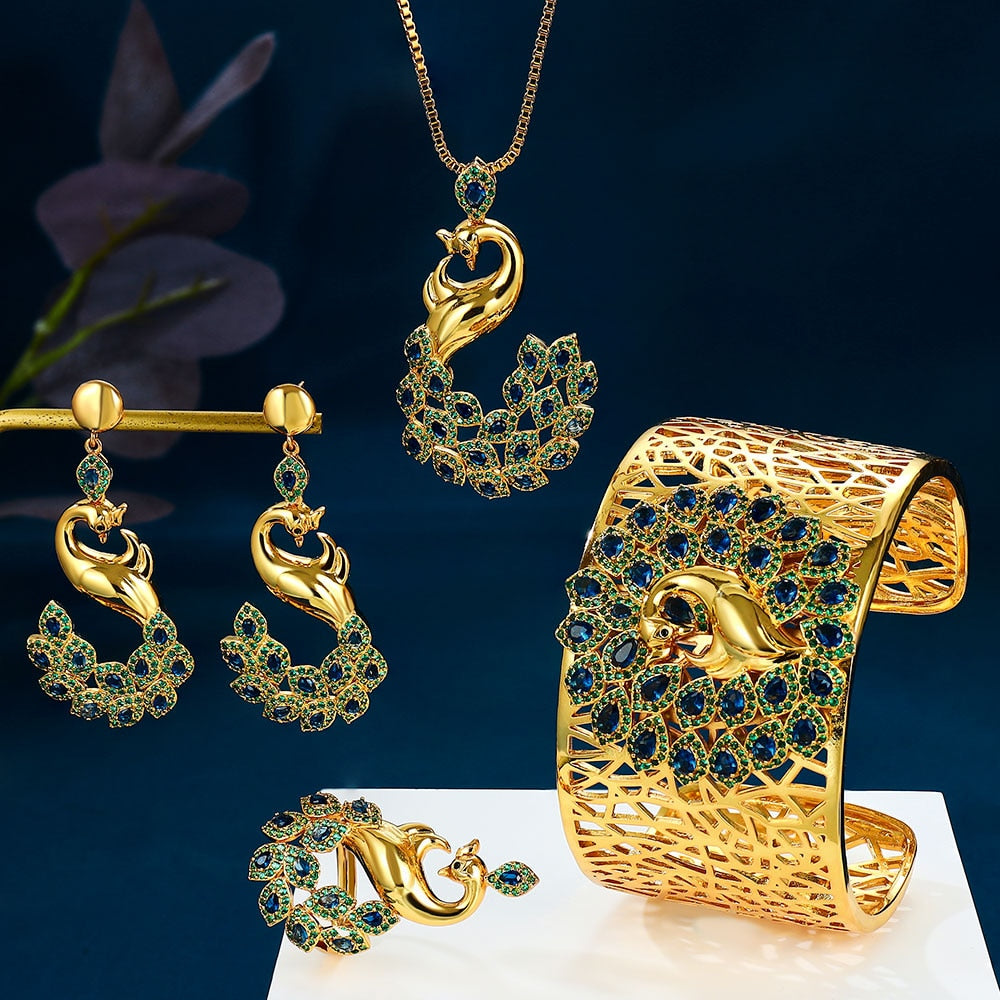 24K Gold Plating 4PCS Bracelet Ring Necklace Earring Set For Women Wedding Bridal Zircon Dubai Bridal Sets