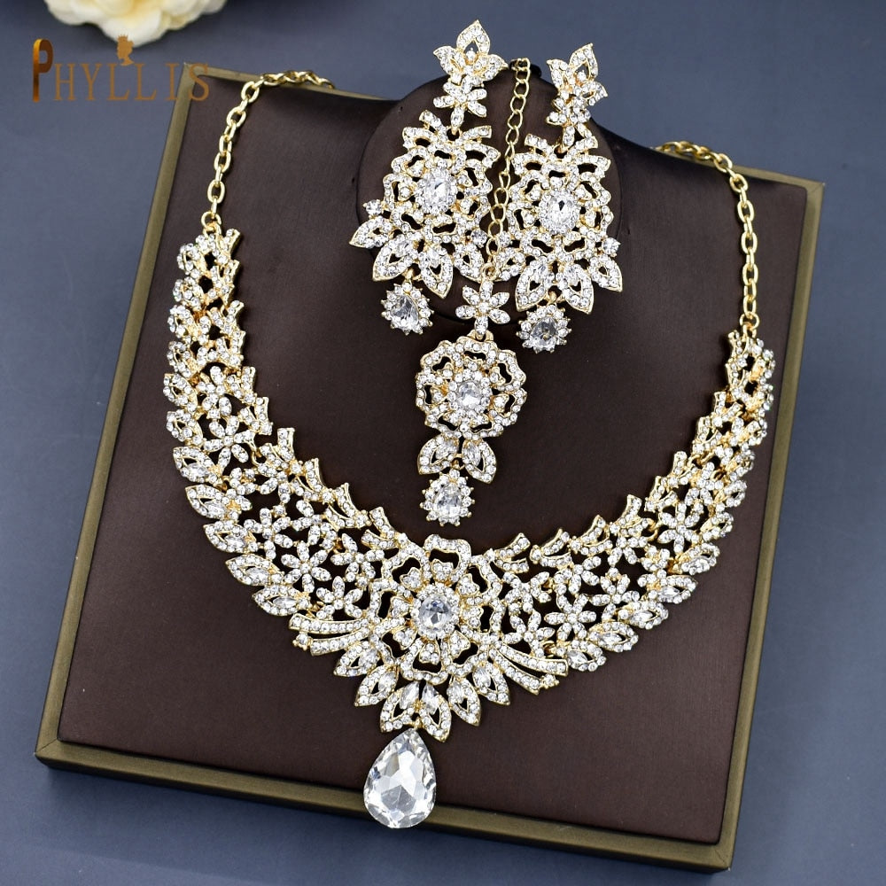 C30 Wedding Forehead Chain Necklace Earrings Set Dubai Jewelery Set Gifts for Women Indian African Bridal Hair Accessories