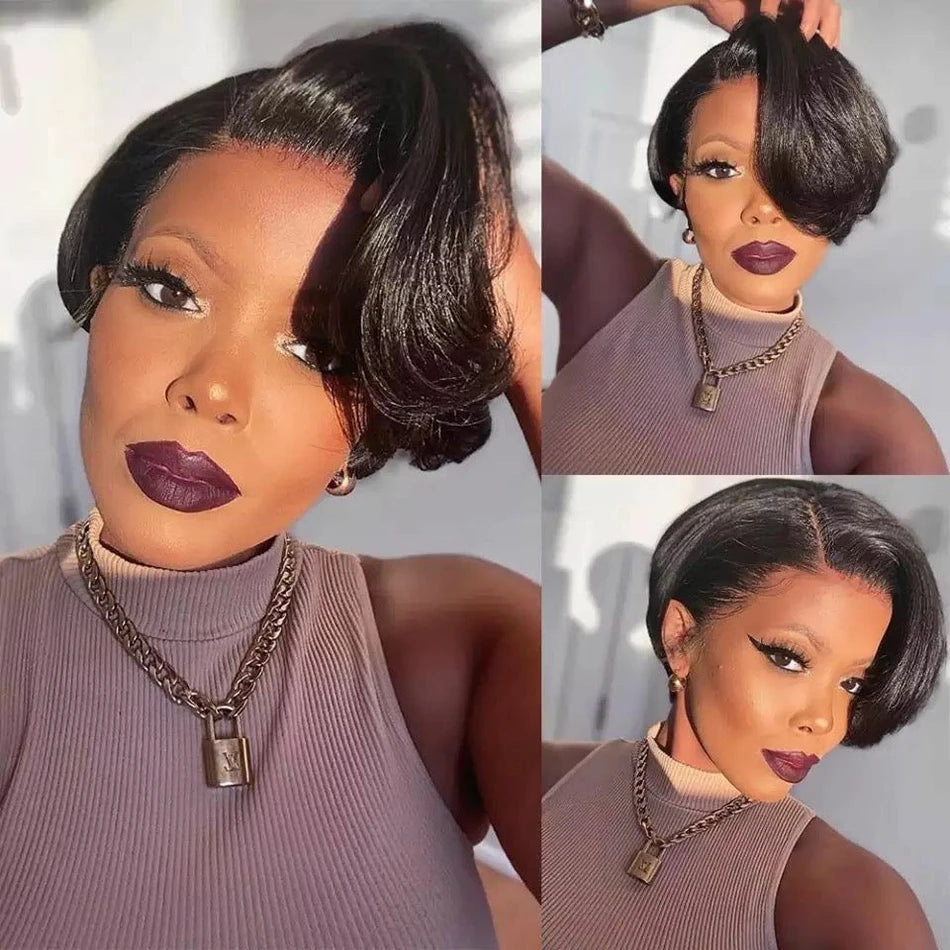 Pixie Cut Wig Human Hair Short Bob Side Part Straight Lace Front Glueless Hd Transparent Lace Frontal Wig