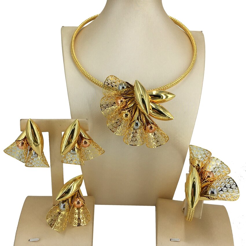 Brazilian Gold Plated Fashion Jewelry Set Wedding Bridal Colorful Full Copper Necklace Gifts