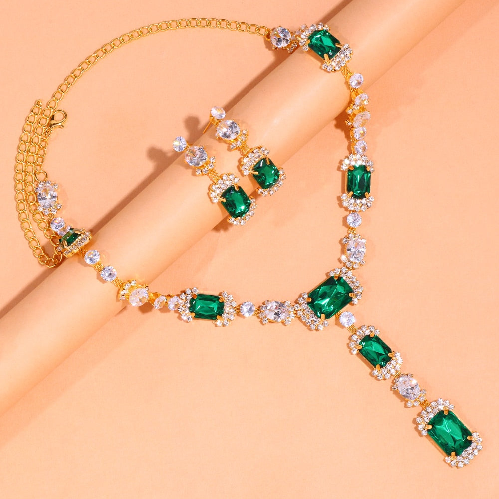 Indulge in the opulence of our Women's Green Crystal African Jewelry Set, featuring a square drop luxurious zircon necklace and earrings.