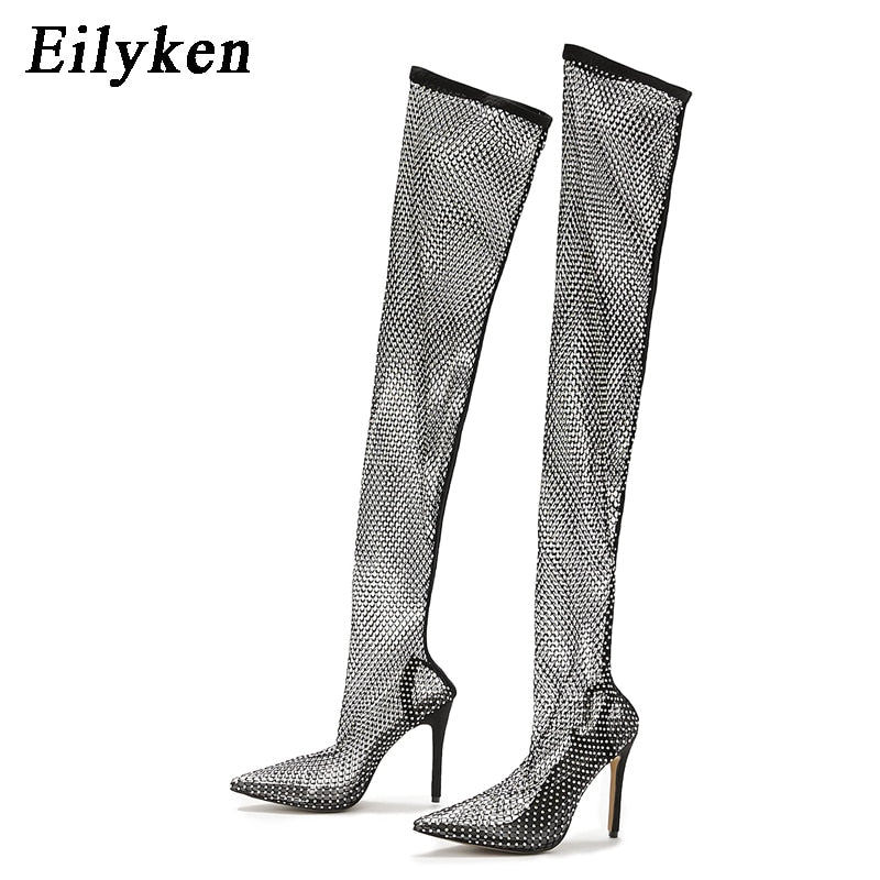 Design Pointed Toe Shoes PVC Transparent High Heels Sock Over-the-Knee Boots Crystal Rhinestone Mesh