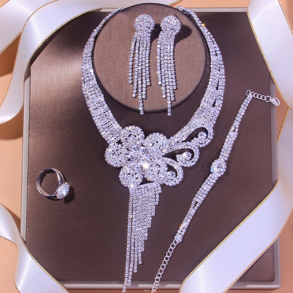 Luxury Flowers Rhinestone Jewelry Sets for Women Accessories Necklace Bracelet Earring Ring Set Gift
