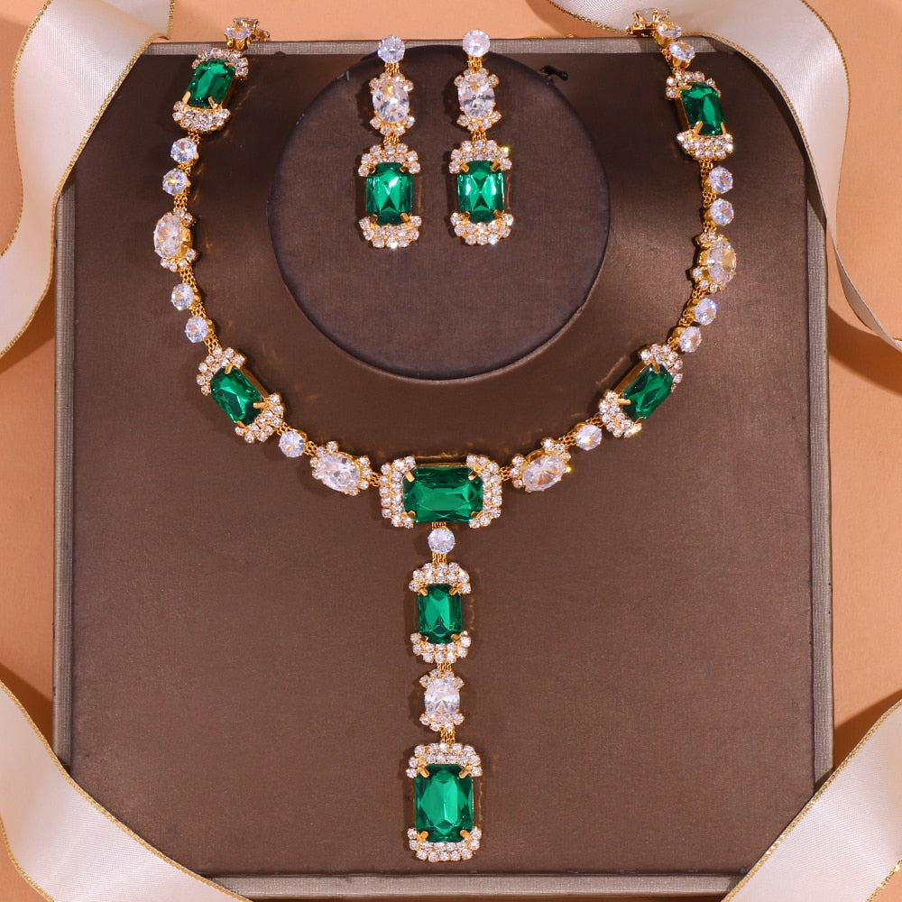Indulge in the opulence of our Women's Green Crystal African Jewelry Set, featuring a square drop luxurious zircon necklace and earrings.