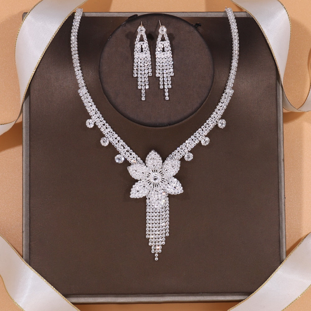 Zircon Flowers Necklace and Earrings Set Nigeria Rhinestone Party