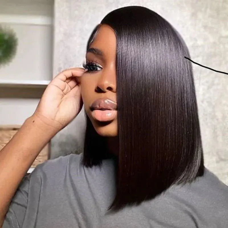 Glueless Straight Bob 12Inch Brazilian Side Part Lace Wigs Human Hair Short Wig Pre Plucked
