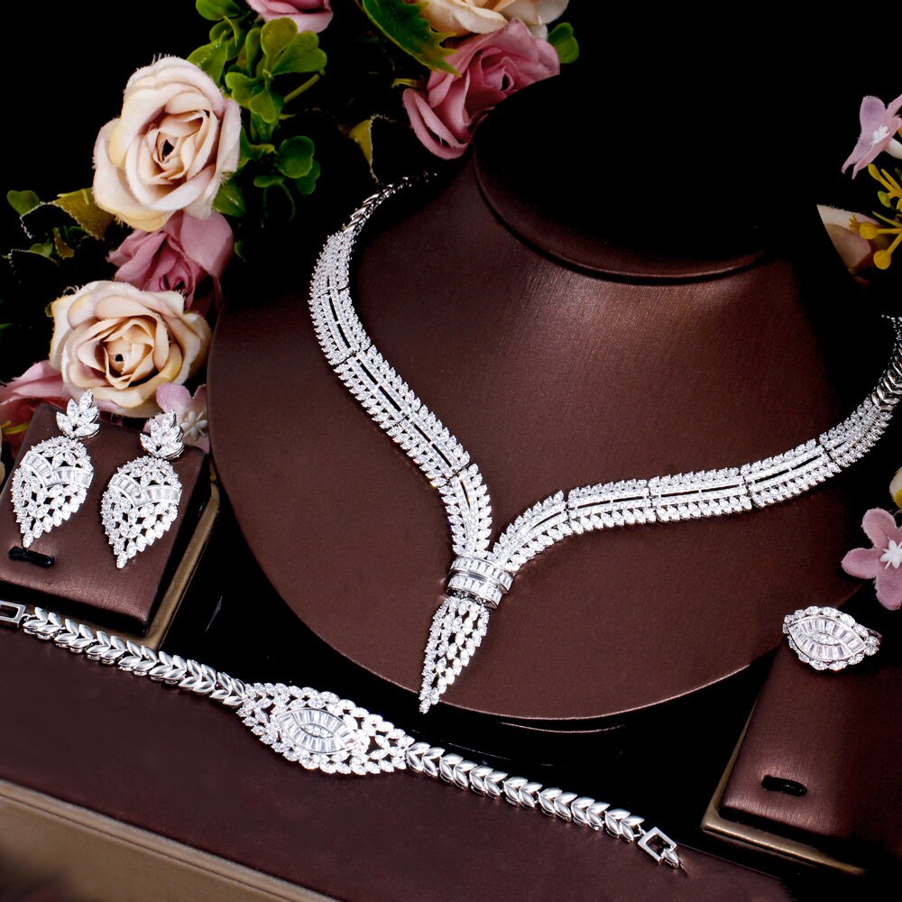 4pcs Elegant Luxury Shiny Cubic Zirconia Women Wedding Bride Necklace Festival