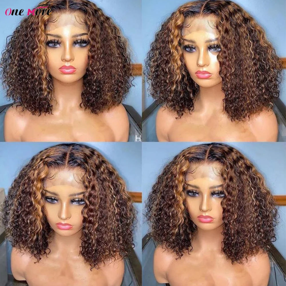 Short Bob Human Hair Kinky Curly Bob Lace Front Wig Highlight 13x4 Ombre Lace Front 4x4 Closure Wig 180%