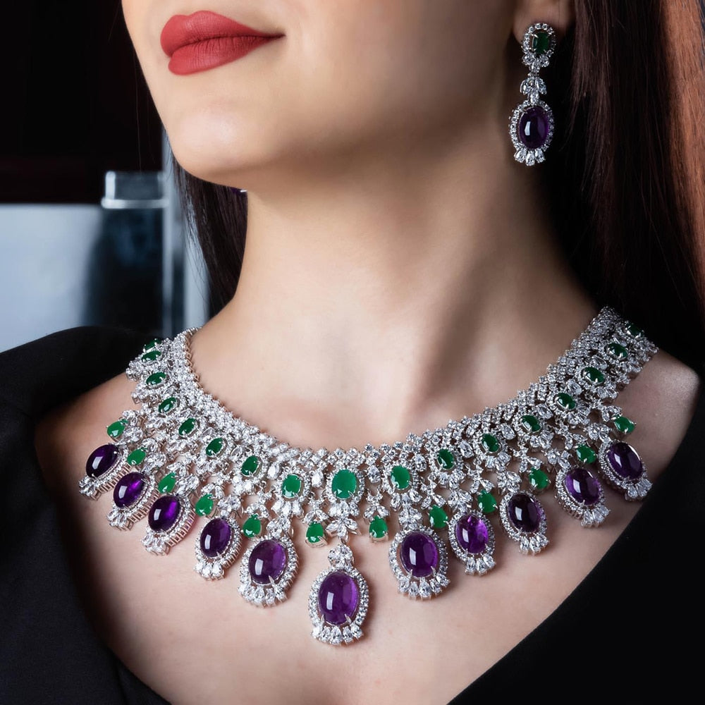 4PCS Luxury Green purple Mixed Big Statement Jewelry African Dubai Bridal Jewelry