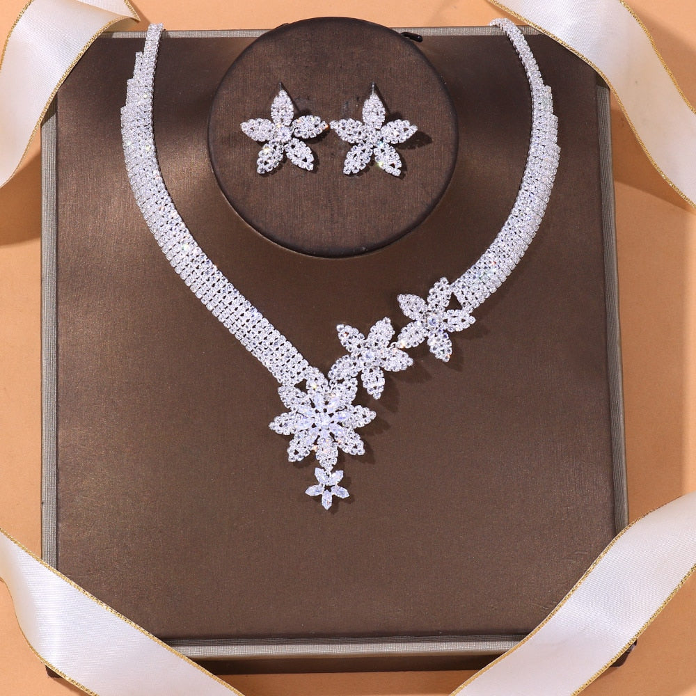 Zircon Flowers Necklace and Earrings Set Nigeria Rhinestone Party