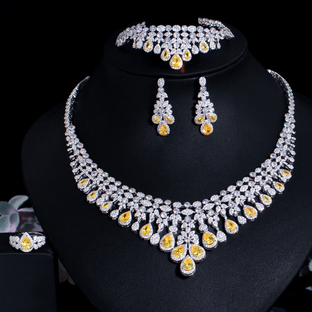 4pcs Yellow Cubic Zirconia Fringe Dangle Drop Large Necklace Luxurious Wedding Bridal