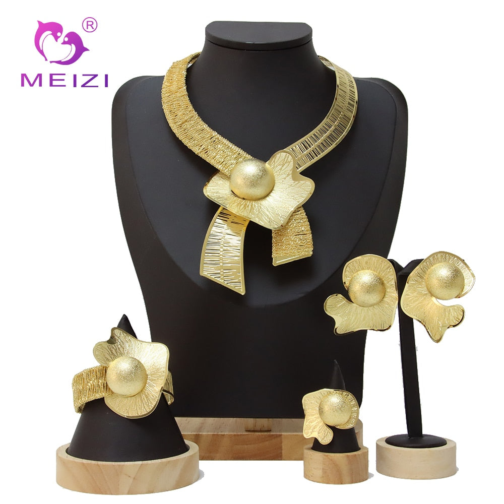 Fashion Dubai Gold Plated Necklace Bracelet Earrings Ring Jewelry Set