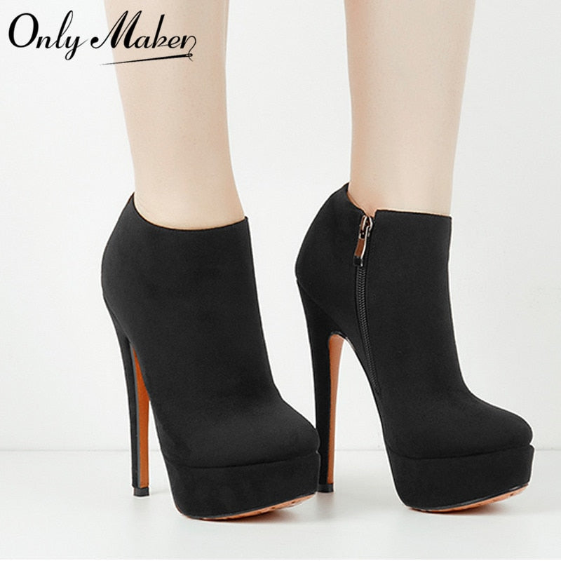 For ladies in big, large sizes, classic stiletto high heels with platforms and round toes, choose black suede ankle boots. US5~US15