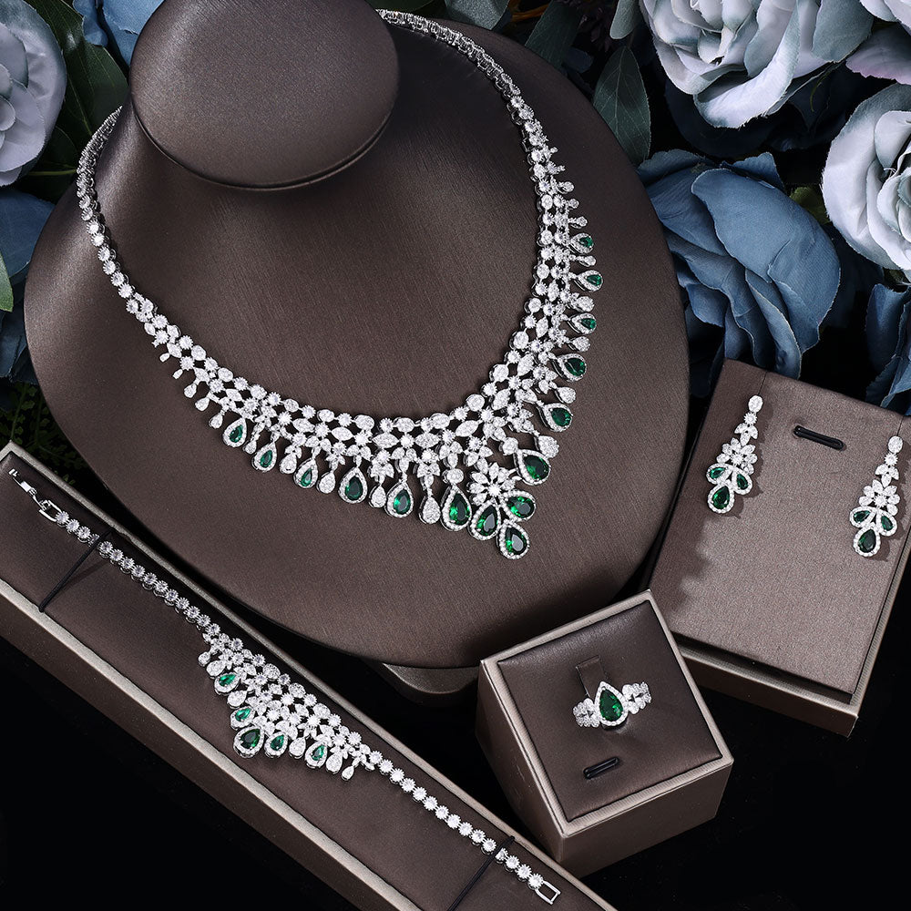Zircon Super Deluxe Tassel Water Drop Wedding Bridal Necklace Earrings 4 Pieces Dubai Women's Jewelry Set