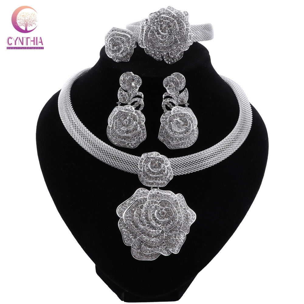 CYNTHIA Dubai Women Silver Plated Jewelry Sets African Wedding Bridal Ornament Gifts For Saudi Arab Necklace Bracelet Earrings