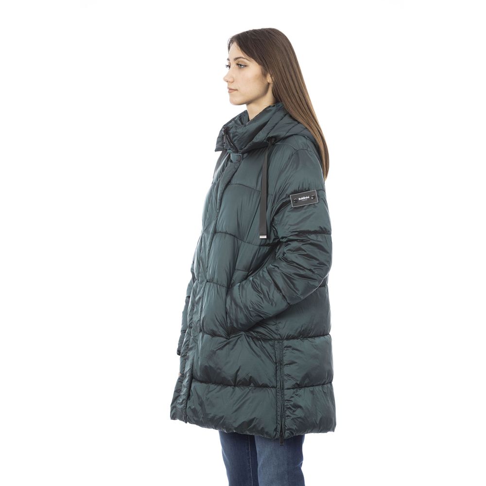 Baldinini Trend Chic Green Long Down Jacket with Monogram Detail